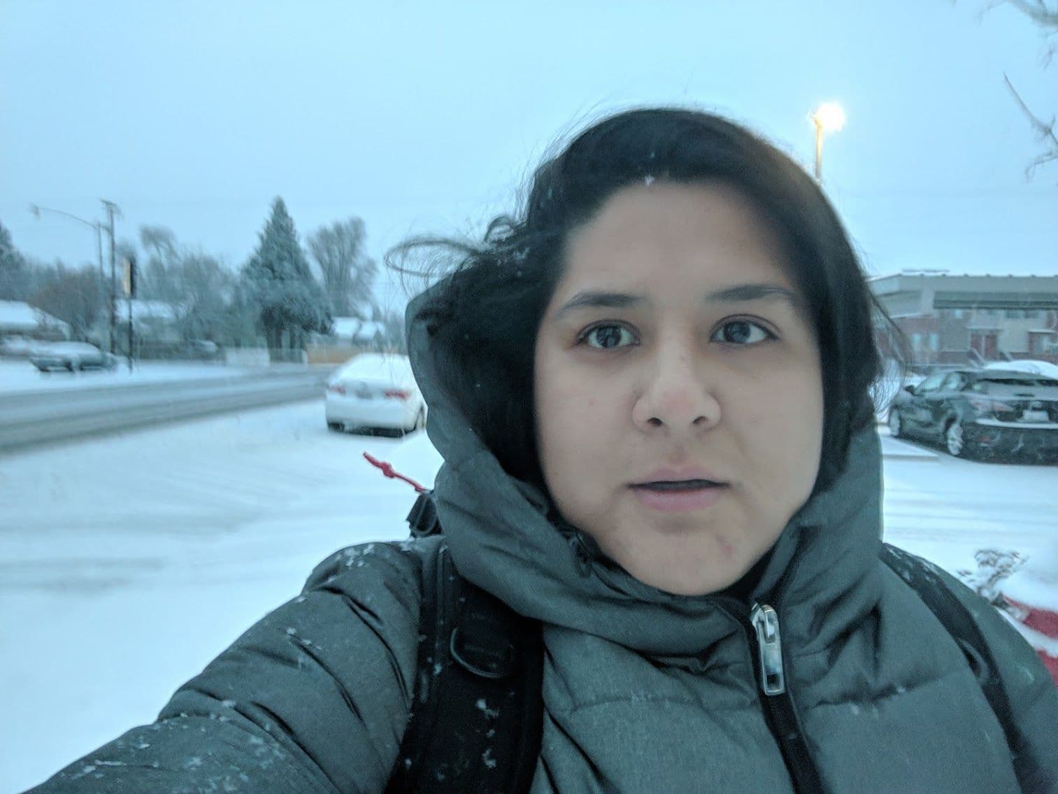 Self-portrait of a woman bundled in a winter coat standing in snowy Provo, Utah during her coding bootcamp experience, illustrating the challenges mentioned in the blog post.