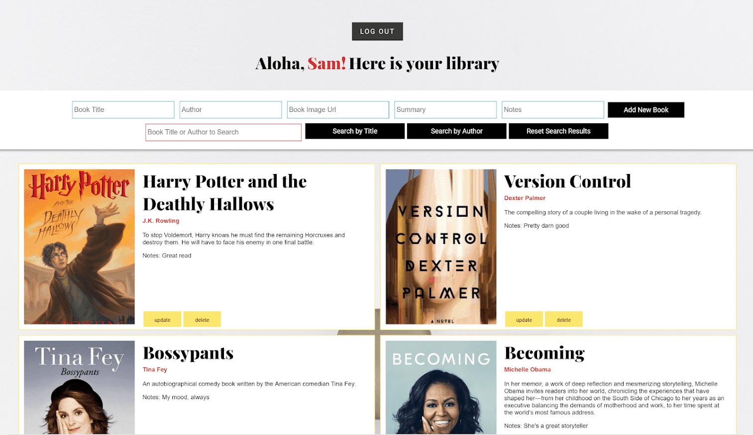 Screenshot of a personal library web application interface showing book entries including Harry Potter, Version Control, Bossypants, and Becoming, with search and add functionality.